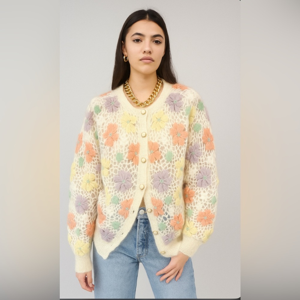 Vintage  Boho Bohemian‎ Granny Square Fairy Sweater Size L Cottage Cardigan